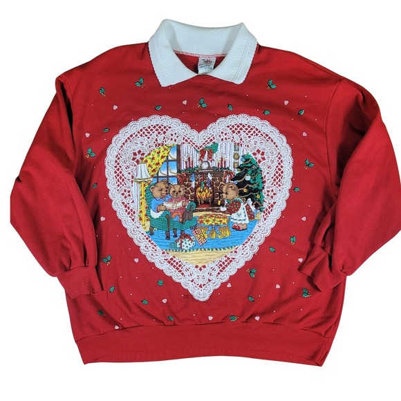 Vintage Christmas Sweatshirt 1X Lace Collar Teddy Bear Scene Grandmacore Holiday - Picture 1 of 8